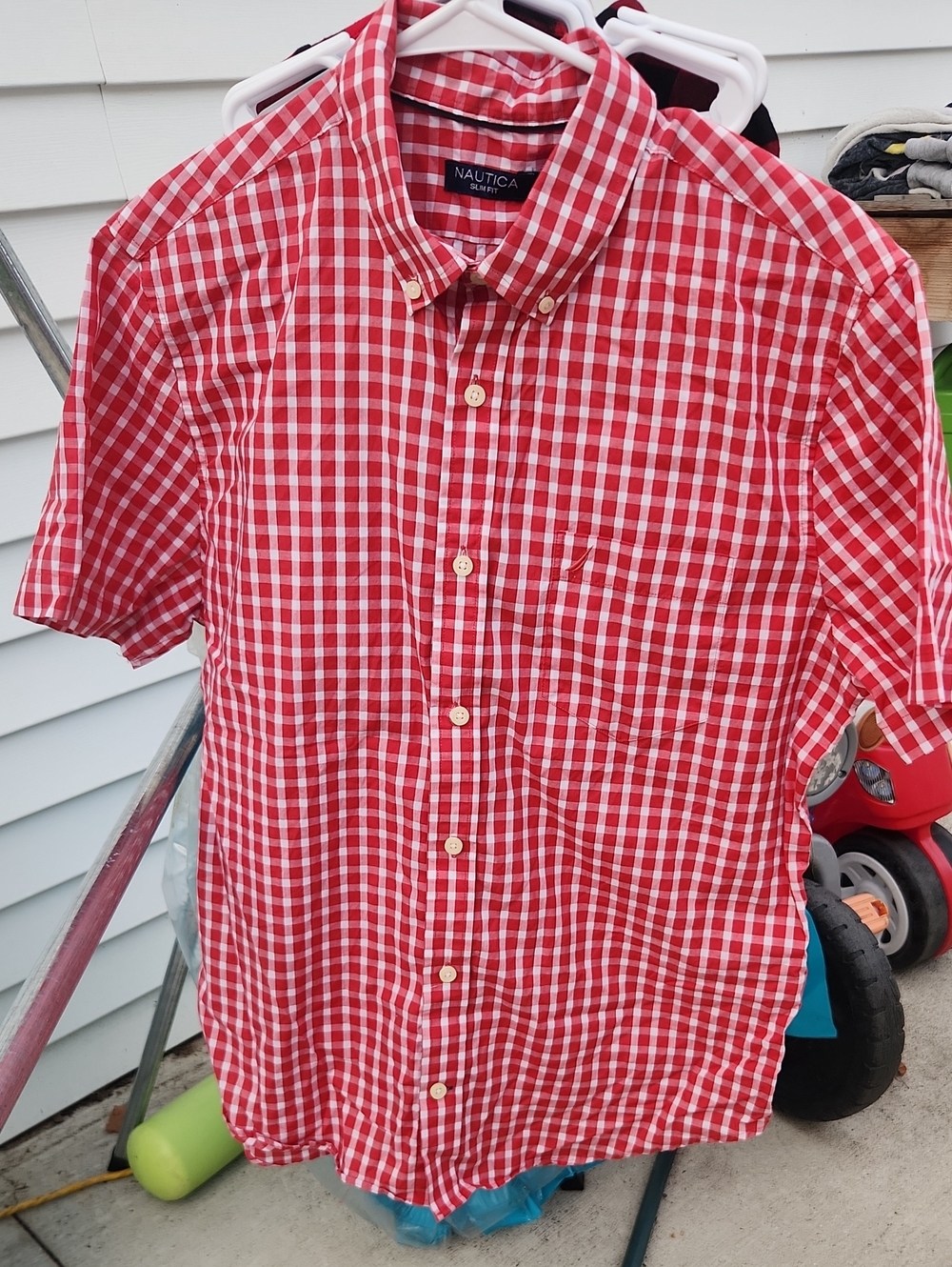 Nautica Red and White Checked Short-Sleeve Button-Down Shirt